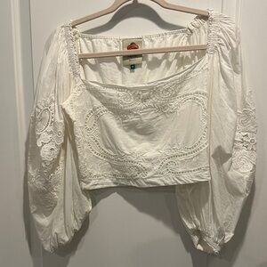 FARM Rio White Embroidered Cropped Peasant Top